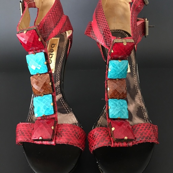 Bebe Island Heels Open Toe Snakeskin T-Strap Double Ankle Strap Gems 8M Platform - Picture 3 of 11